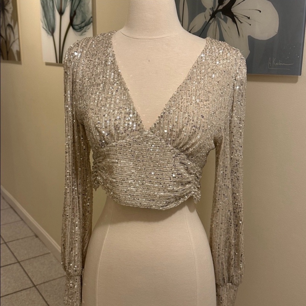 Forever 21 Glittering Silver Long Sleeve Blouse
